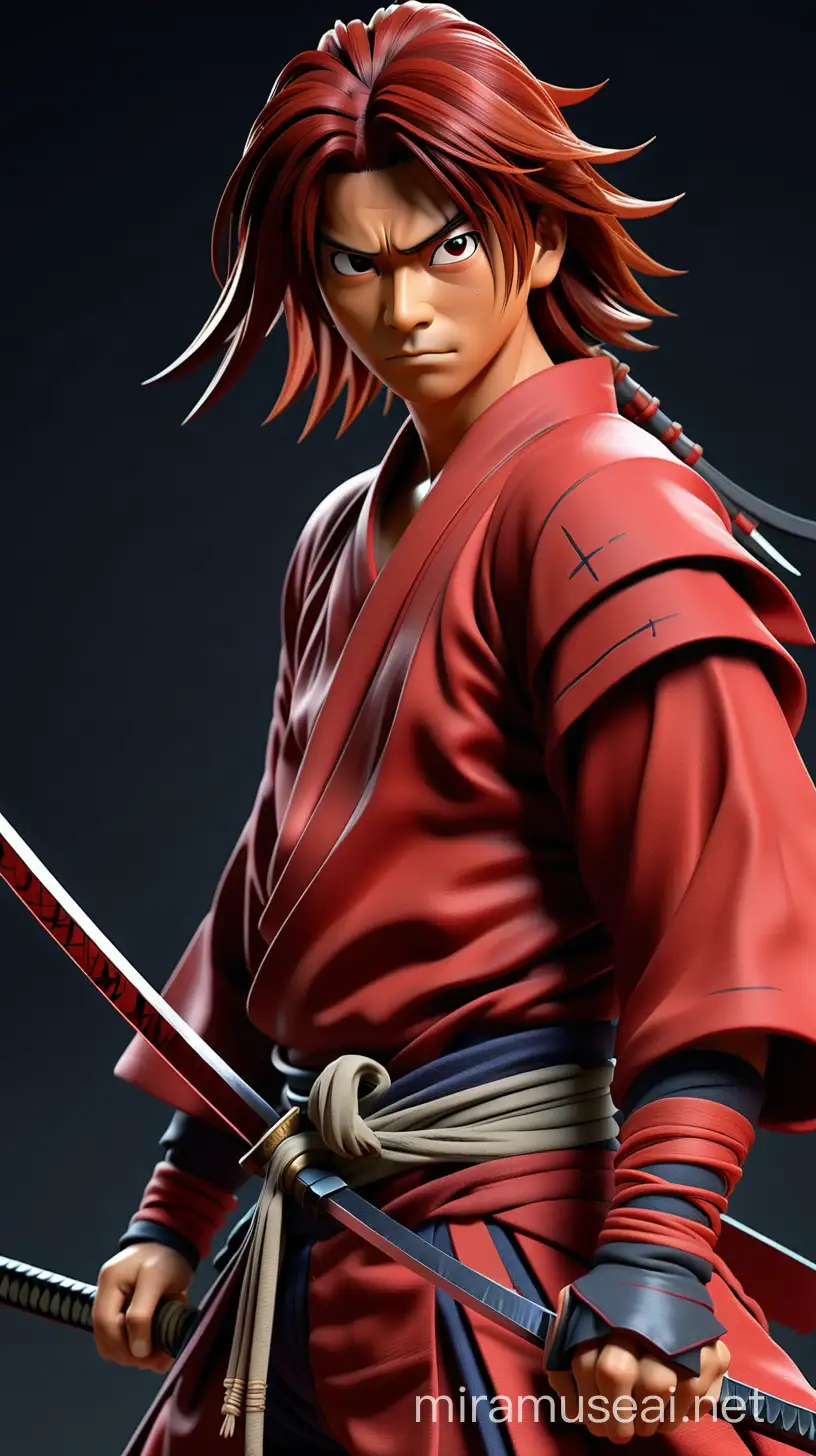 Animasi 3d uhd 32k, hdr , realistis, tokoh pemeran kenshin himura , dalam serial film samurai X, memakai baju merah , memeluk pedang, berambut panjang dan di ikat, 