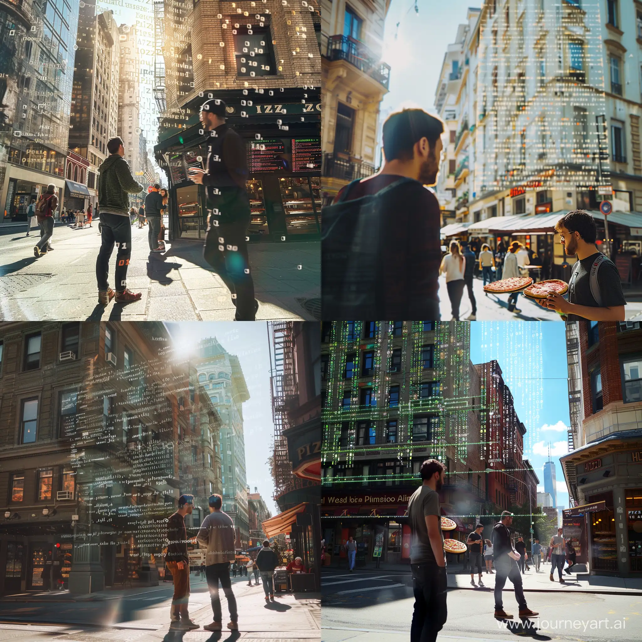 Detailed photo of a man standing on the street, looking at two different pizzerias in front of them, deciding, which one to visit. Computer code algorithms are seen as a semi-transparent overlay above buildings. Sunny day, other people walking around and chatting with each other