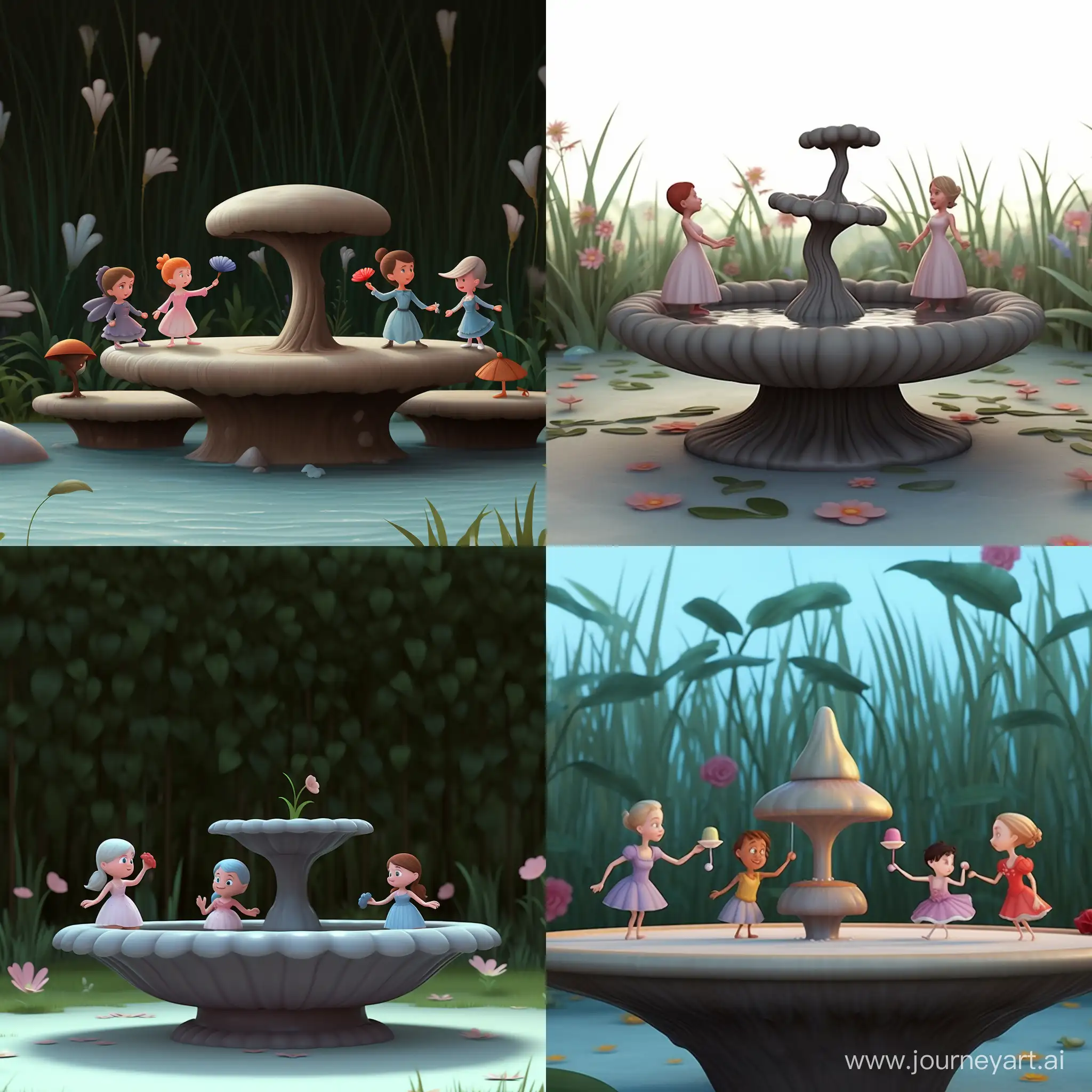 Three little fairies playing a birdbath in Pixar style