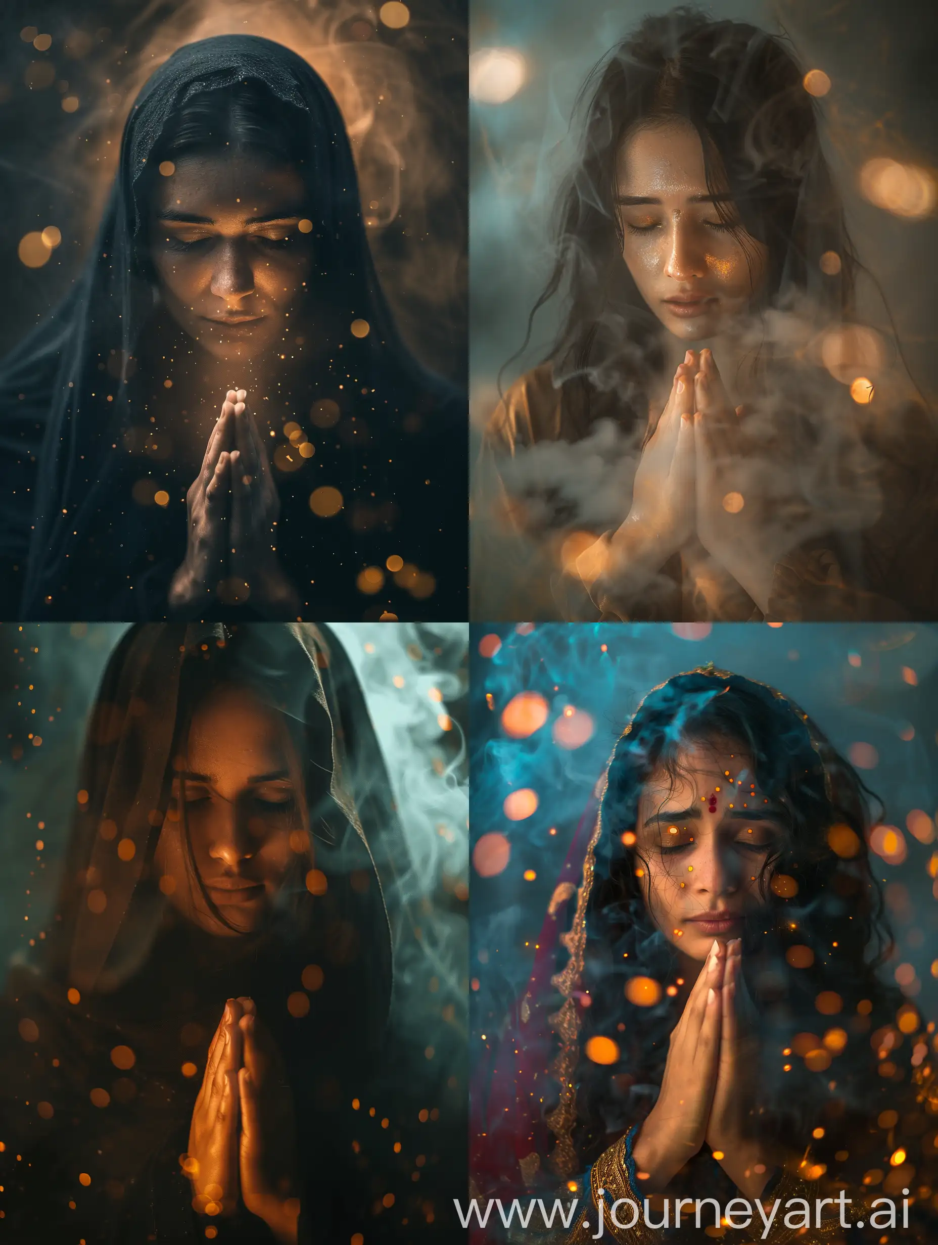 make realistic photo of a holy woman  praying epic settings camera hazer camera luts blur sad face holy luts no smoke and no lights dots