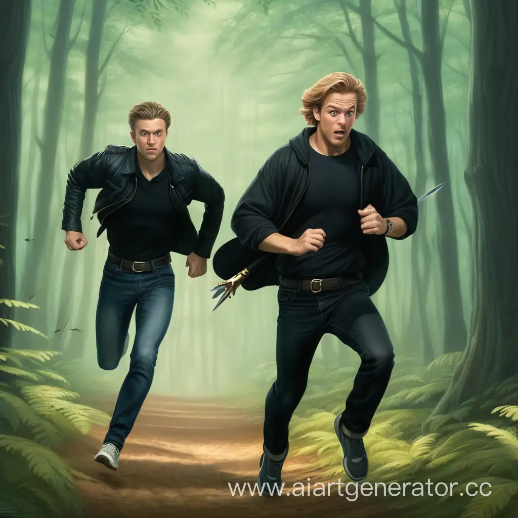 бегут два мужчины в лесу друг за другом  один в черном одеяние второй в джинсах и с кинжалом 