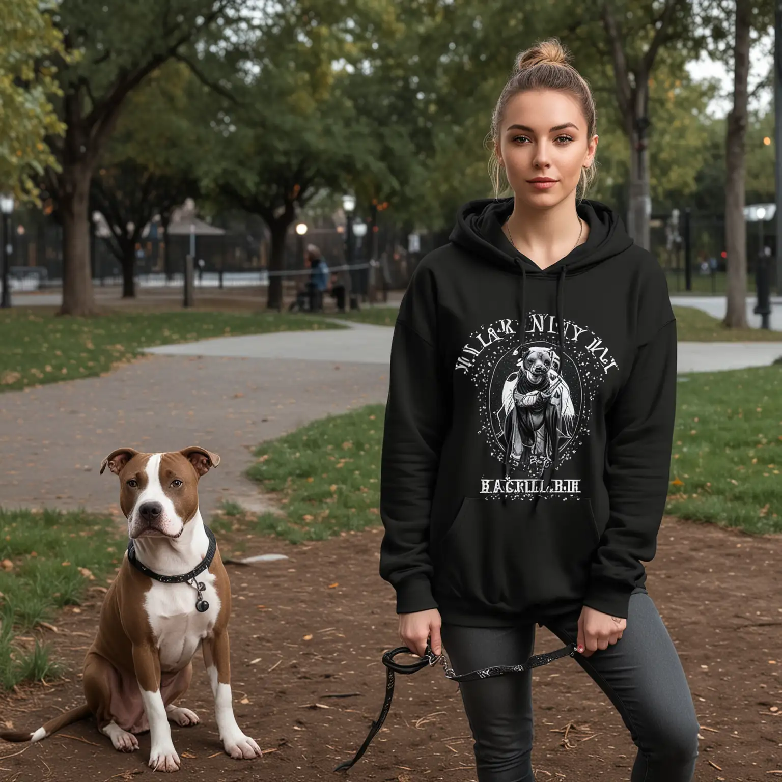a mockup for a black hoodie.  the model should be female who looks slightly witchy.  she should be holding a leash.  the leash should be attached to a pitbull sitting on the ground next to the model.  the background of the phot should be a park at night.