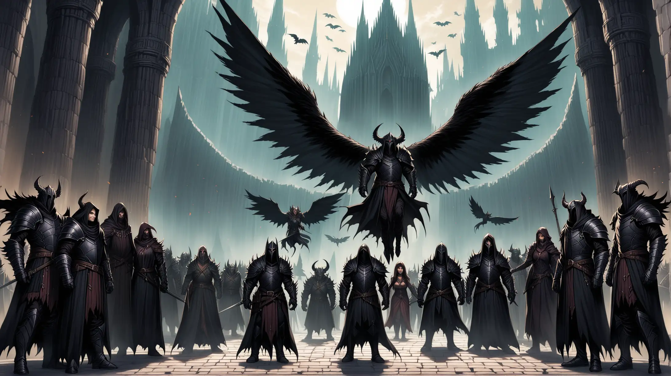 group of warlocks and dark knights, men and women, winged tieflings, dark temple, Medieval fantasy