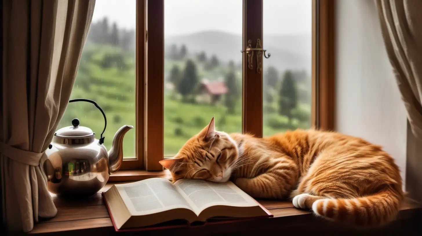 A cat curled up sleeping on a window sill in beautiful cozy living room with large fireplace and four large windows with beautiful country valley it is raining outside there is large bookcase against a wall with lots of books. A cup of tea with a teapot sits the coffee table with an open book.