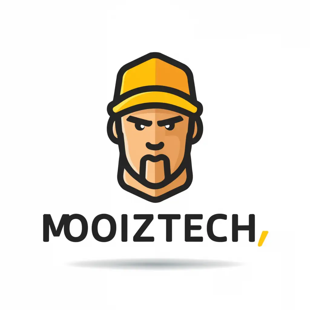 a logo design,with the text "Moiz Tech", main symbol:front face with yellow cap,Moderate,be used in Technology industry,clear background