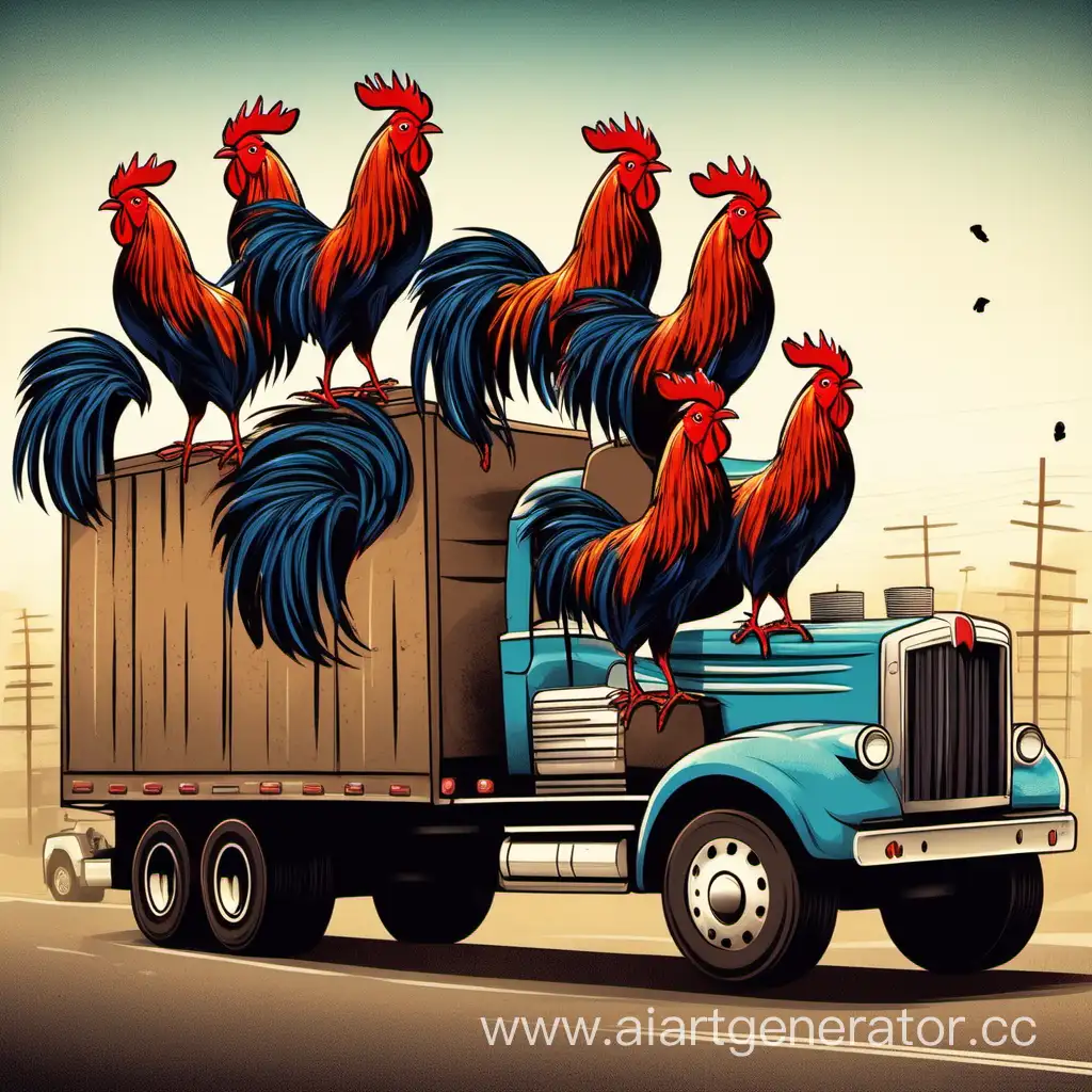Colorful-Roosters-Perched-on-Vintage-Trucks