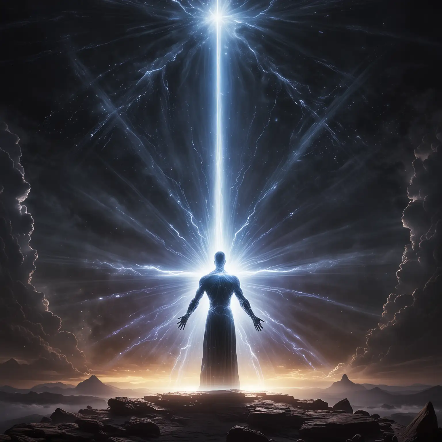 Make a visually powerful image of the forces of light and darkness clashing in the spiritual realm. Encompass higher consciousness and incorporate rays of light bursting though the darkness.