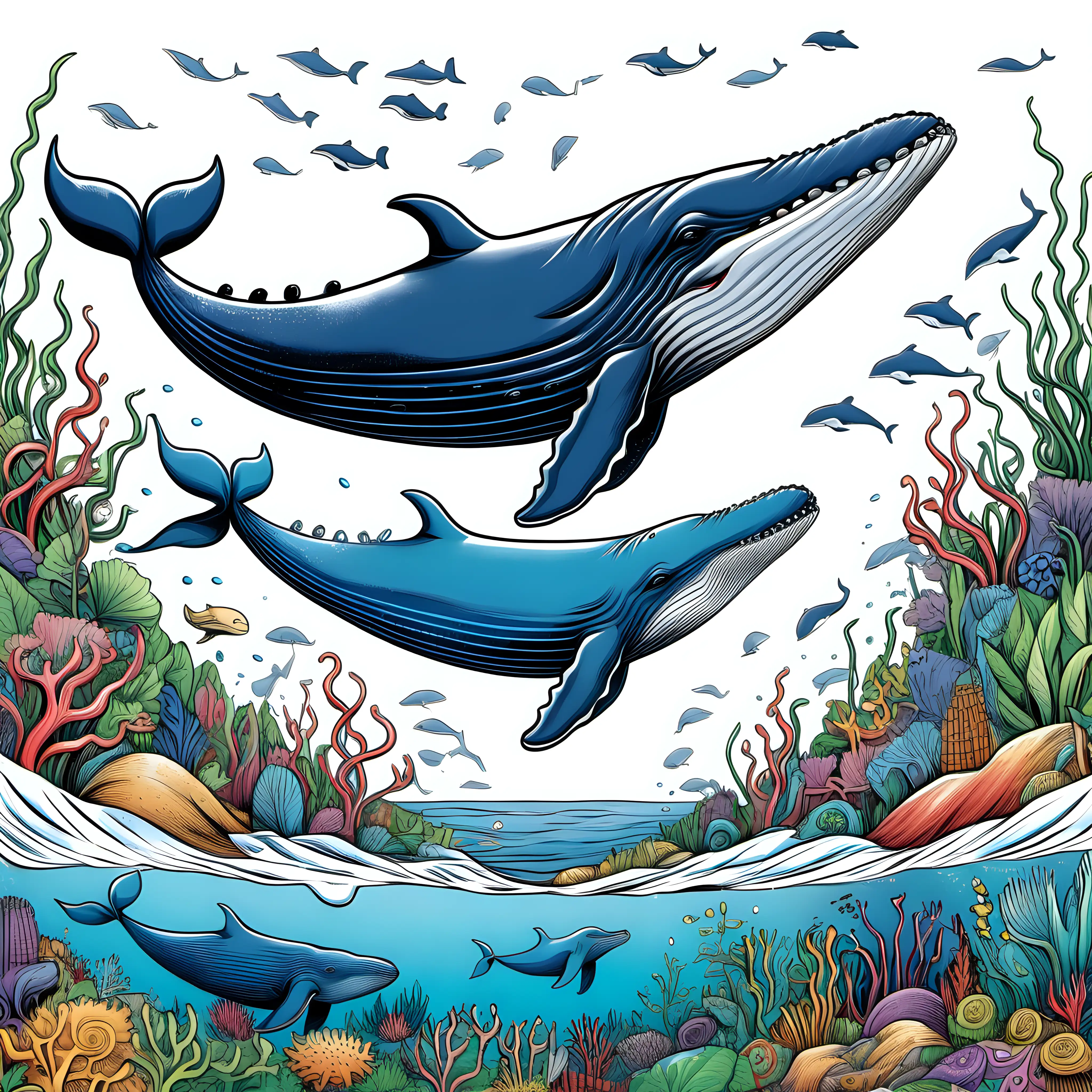 Vibrant Whales in the Garden of Eden Playful Marine Life in Full Color
