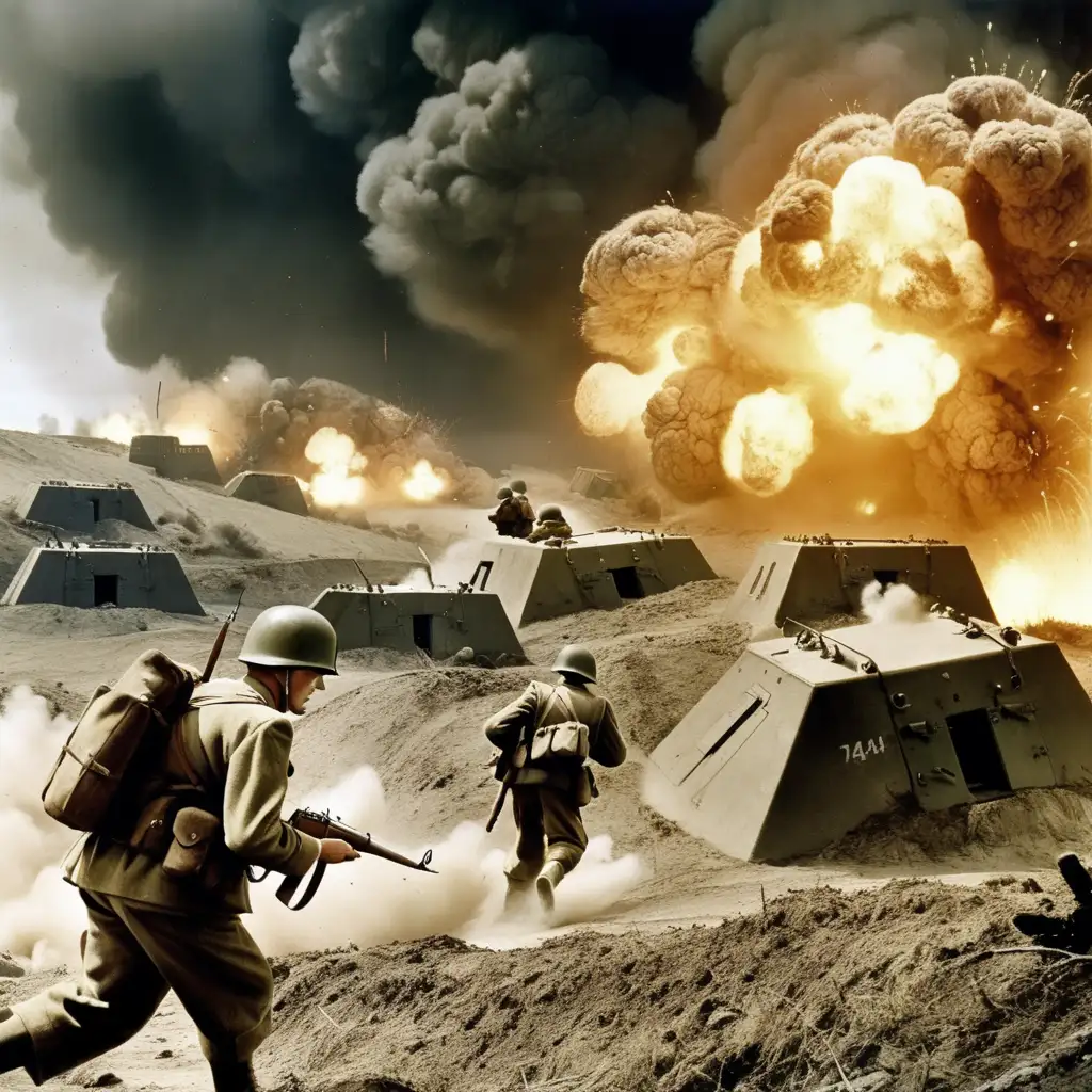 bunkers, explosions, soldiers, attack, WW2