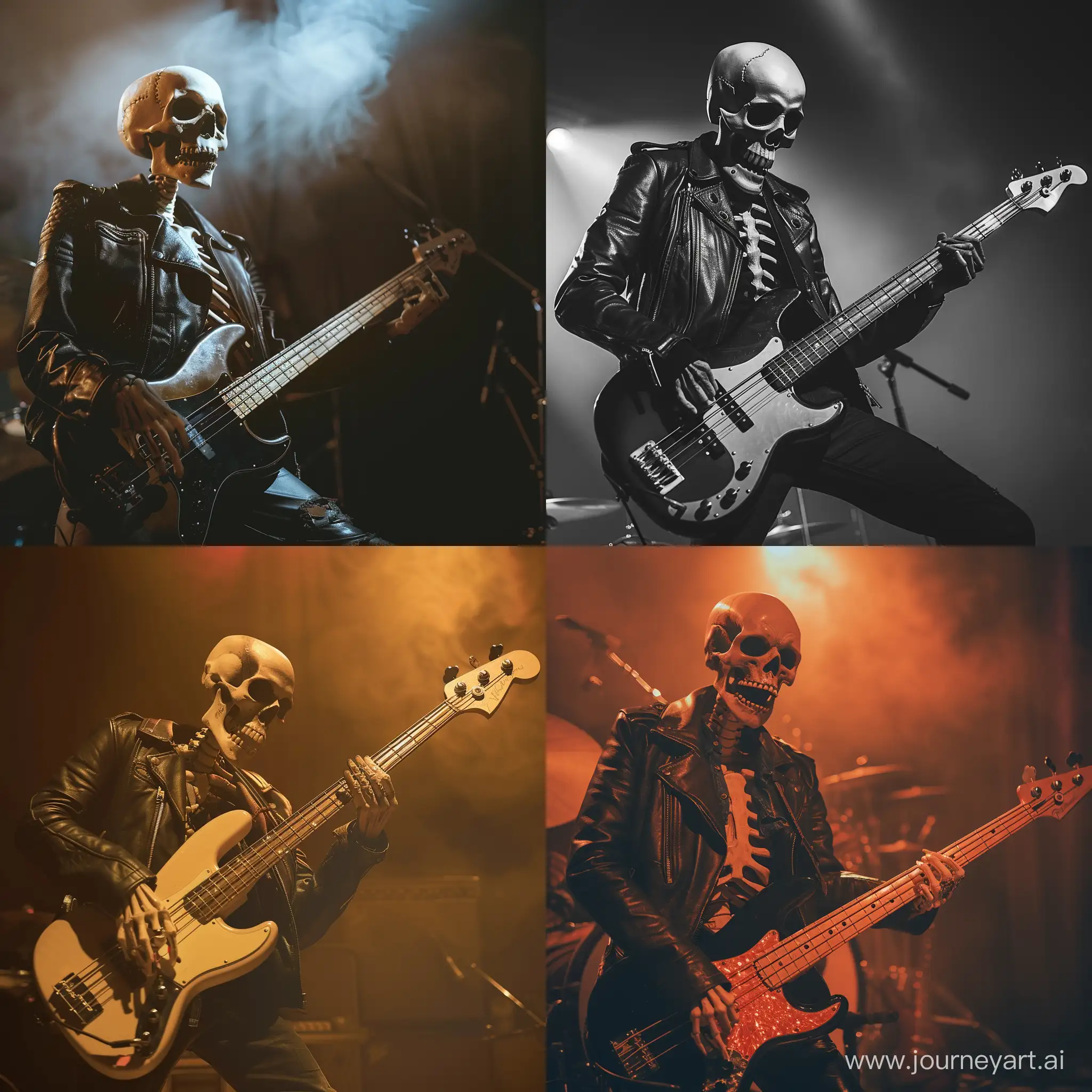 Skeleton, dressed in leather jacket, play on bass guitar, rock fest, dimmed light