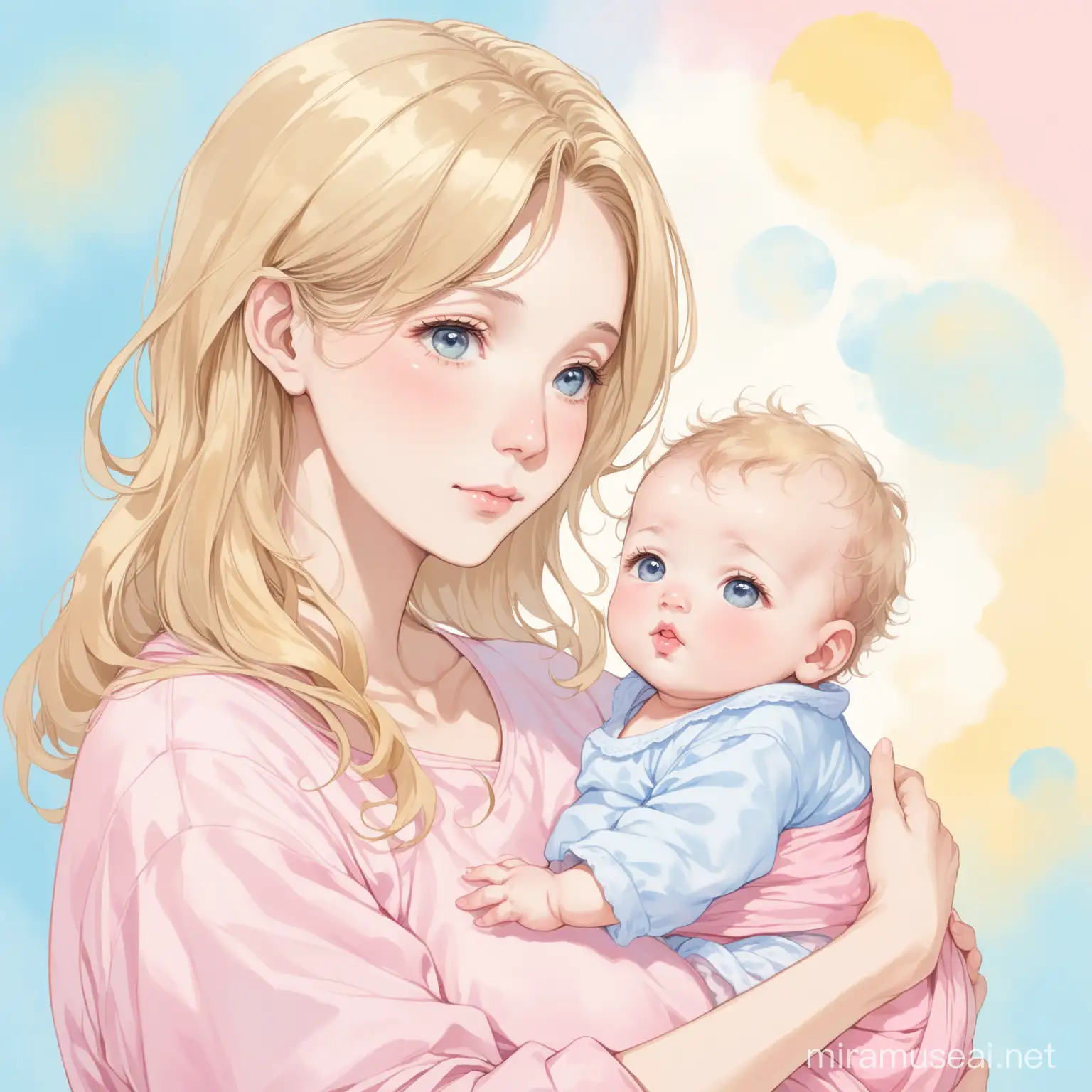 woman around 30 with dirty blonde hair, grandmother from heaven holding her baby. In the background are miscarried babies  in different stages of development. background is dreamy pastels of pink, blue, and yellow