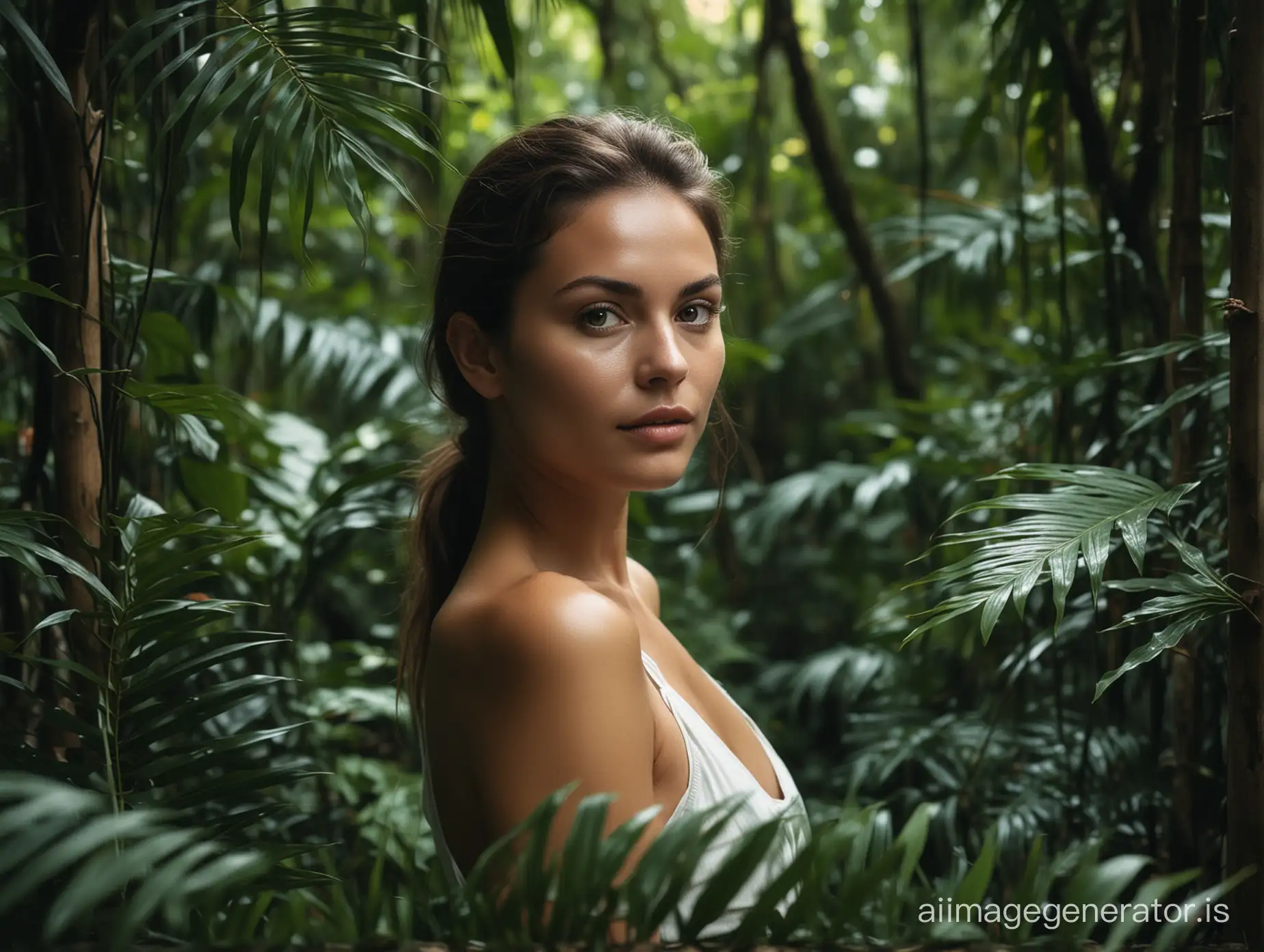 sustainable luxury lifestyle of a woman in a dark jungle for health, wellness and organic bodycare. Skin care, body care and natural cosmetics treatment for healthy skin and body for model