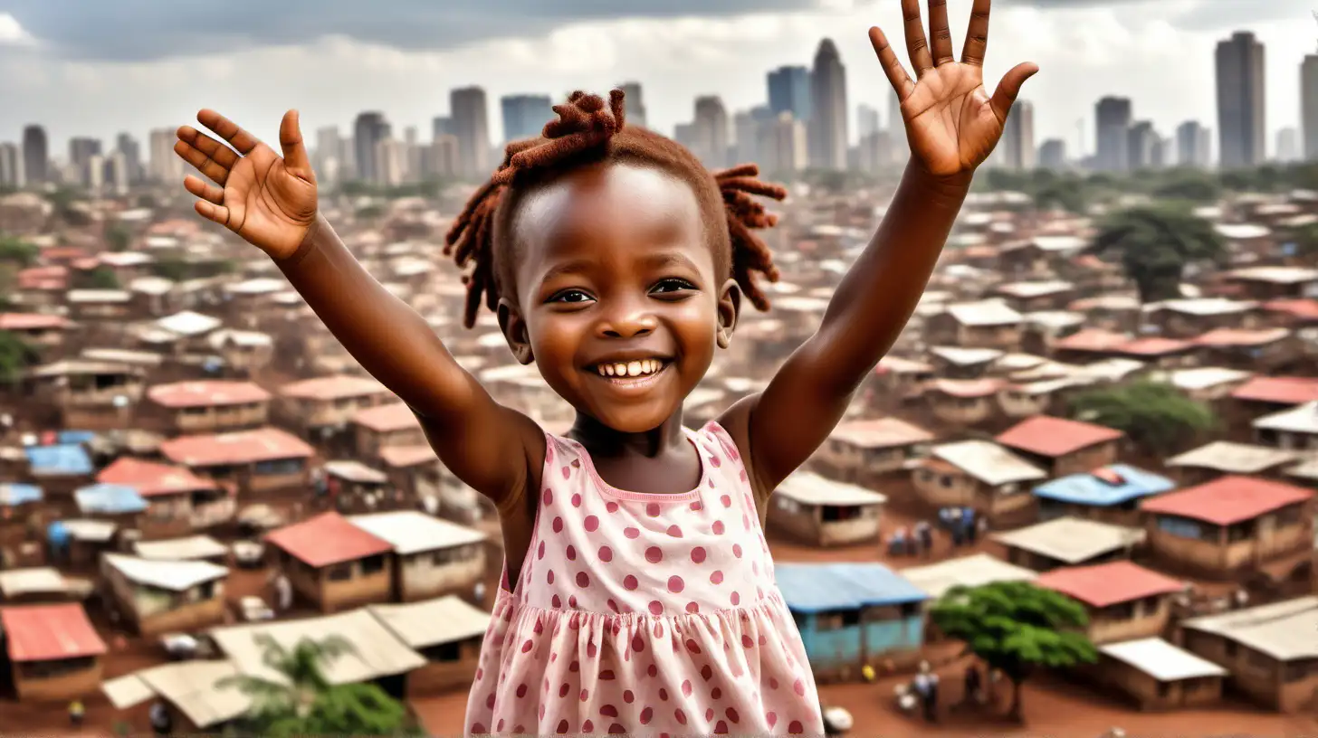 create an image of an African little girl waving "hi'.  there should be images of a bustling, prosperous Kenyan city in the background.  The sentiment is utterly joyful and happy