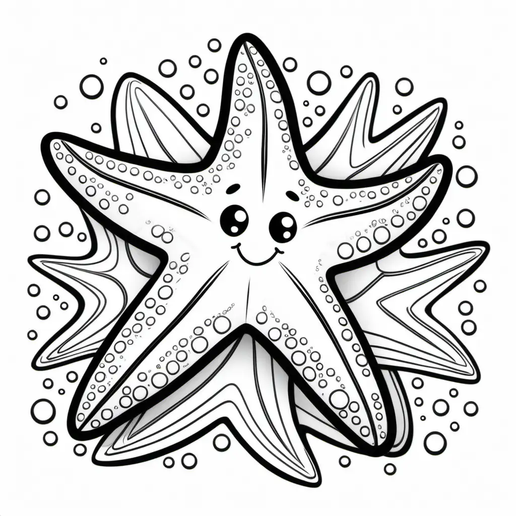 australian starfish cartoon drawing black and white, kids colouring book stencil, white background, black lines, fine lines