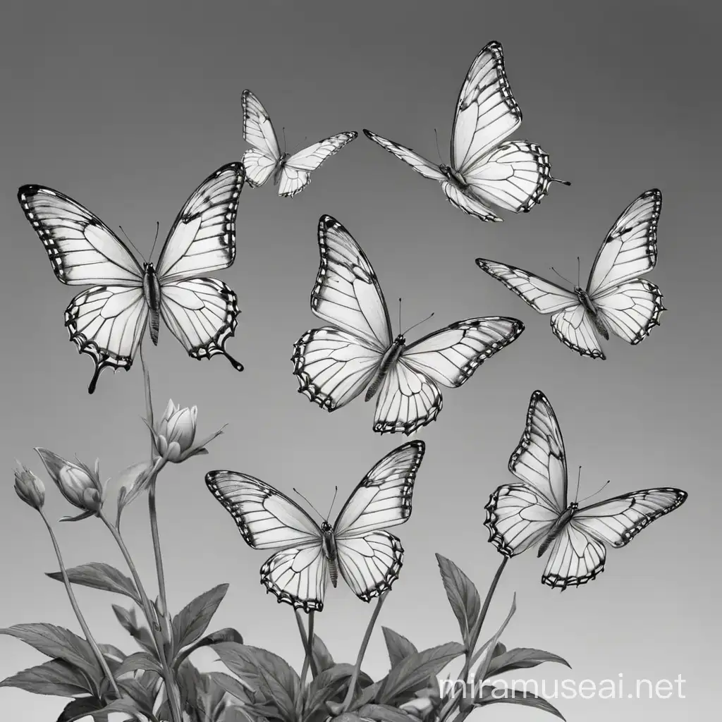 5 butterflies flying in the air for coloring book