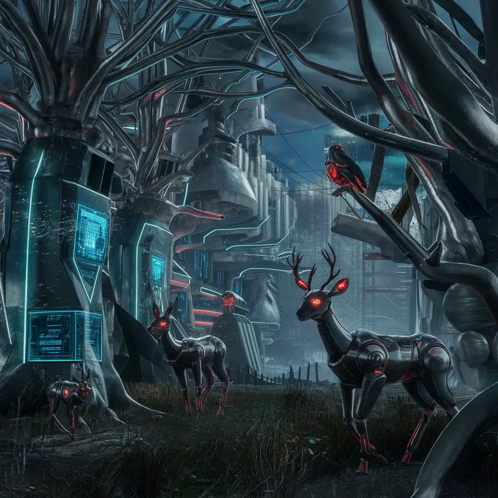 A cybernetic forest where the trees are metallic and the animals are robotic.