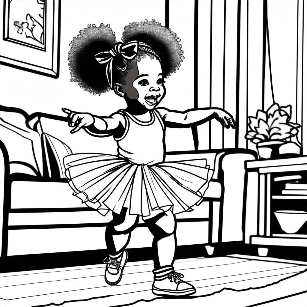 african american 2 year old little girl dancing with a tutu on, coloring page, living room background bold lines
