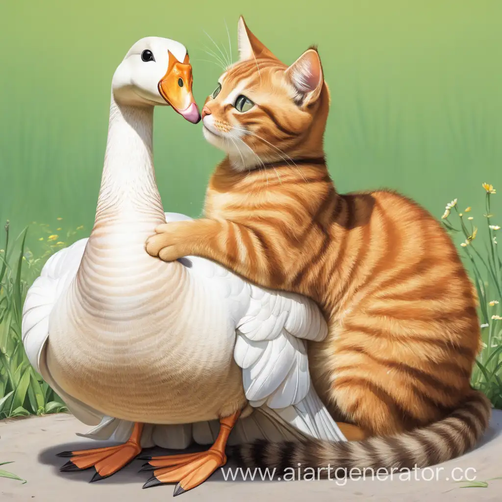 Joyful-Goose-Embraces-a-Brown-Cat-in-Heartwarming-Gesture