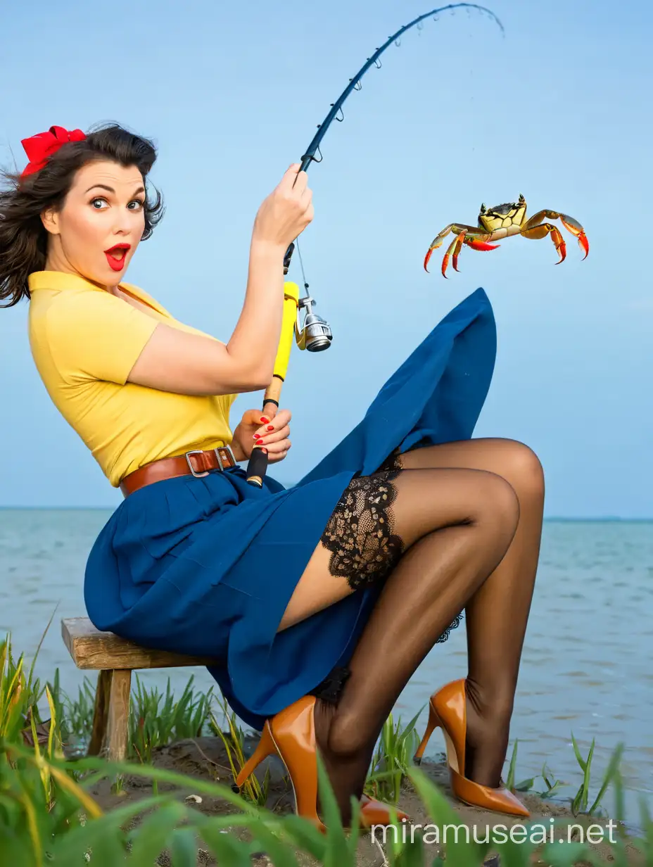 Caucasian dark hairs 30 years old pinup girl fishing, caught crab, sitting on shore grass, sea in the background, Lace Knee Sock on legs, looking straight to camera, surprise expression