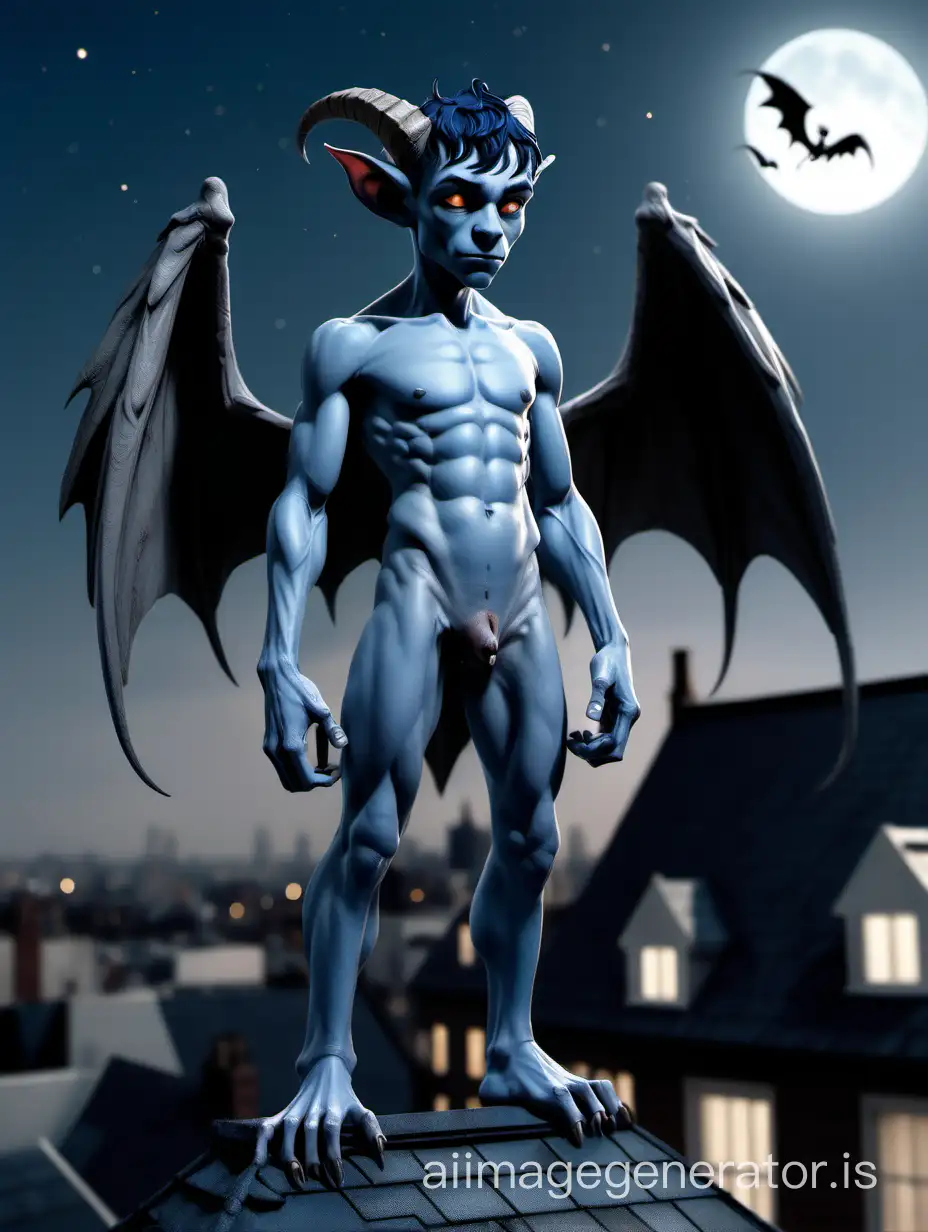 A cute gargoyle-boy with humanoid proportions and detailed face. He has a strong tail and Wings. He is nude and proud. He has smooth dark-blue skin with freckles. He is skinny. On the forehead, above the eyes, there are two horns. He has claws instead of fingers and toes. He is standing on a roof at Night. Show the entire boy in a long shot. there is nothing to hide. for him its normal to be naked.