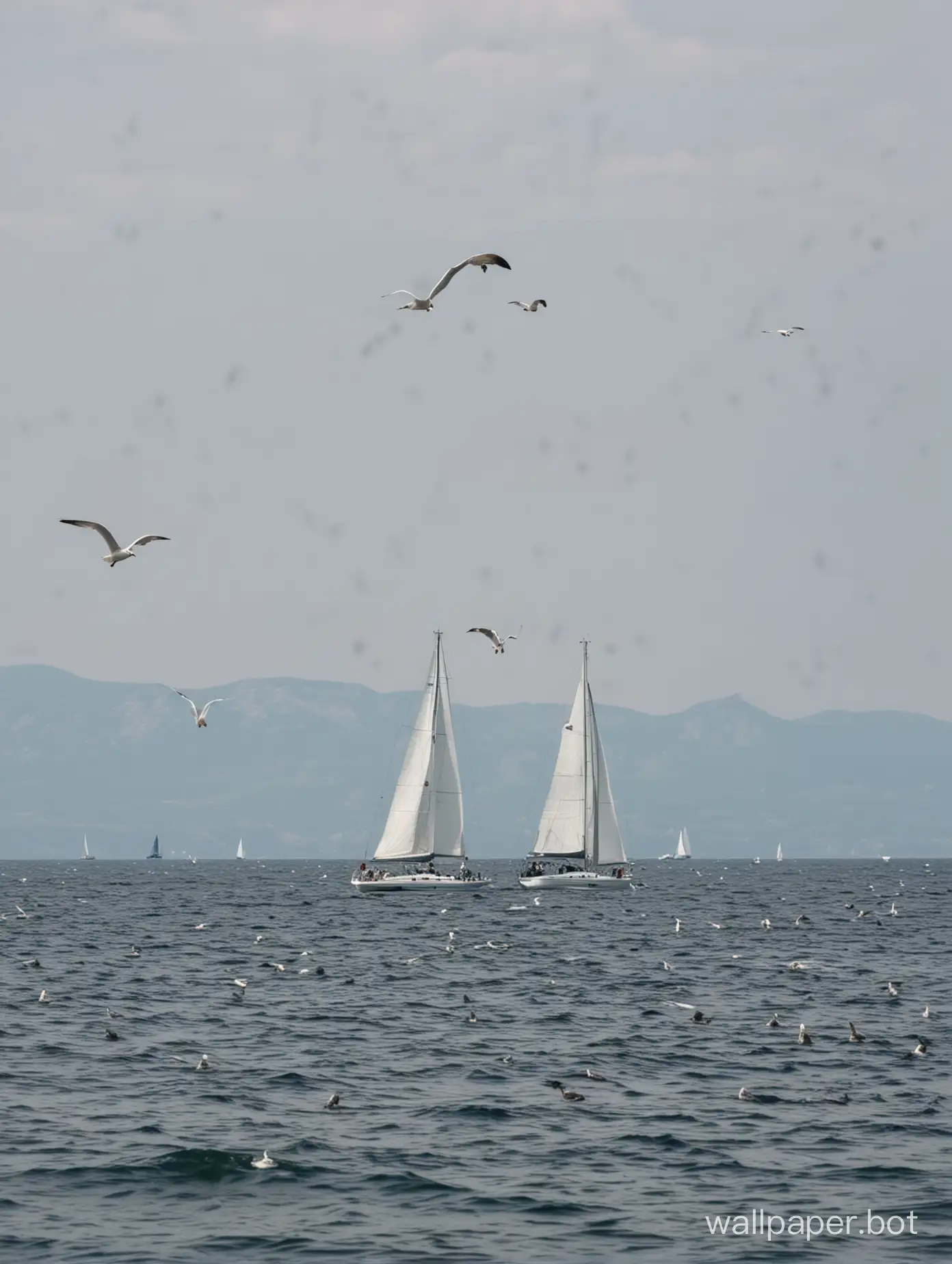 Black Sea, Crimea, white sailing yacht in the distance, several seagulls
