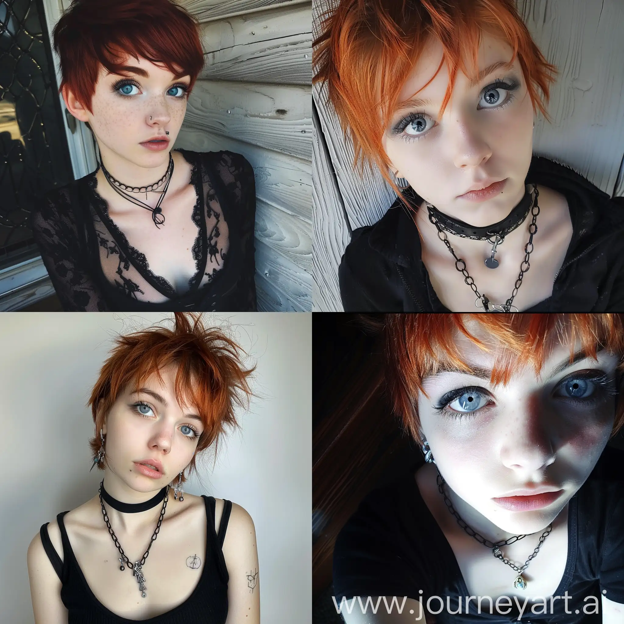 16 year old girl, goth, pixie cut, red hair, icy blue eyes