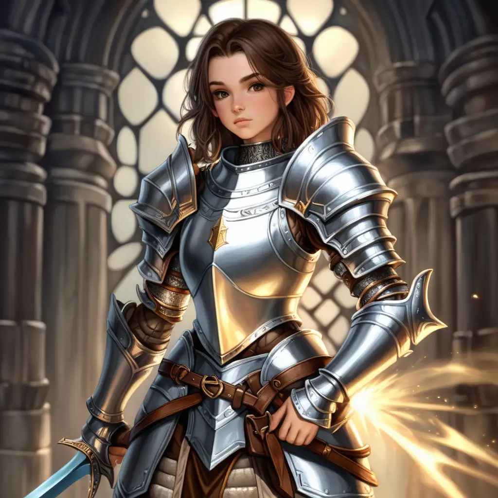 Cool wizard knight girl with brown hair, wearing silvery armor, brown hair.