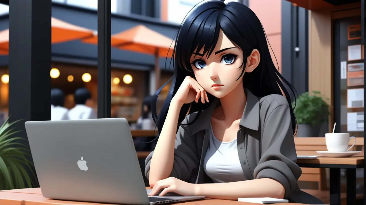 beautiful anime young girl, sitting and relaxing enjoying  with works, while working on a laptop, black hair, modern clothes, cafe background with a relaxed atmosphere, simple full color, high quality, lively eyes, dark, gloomy, dark color, natural eyes, hd, hyper realistic,