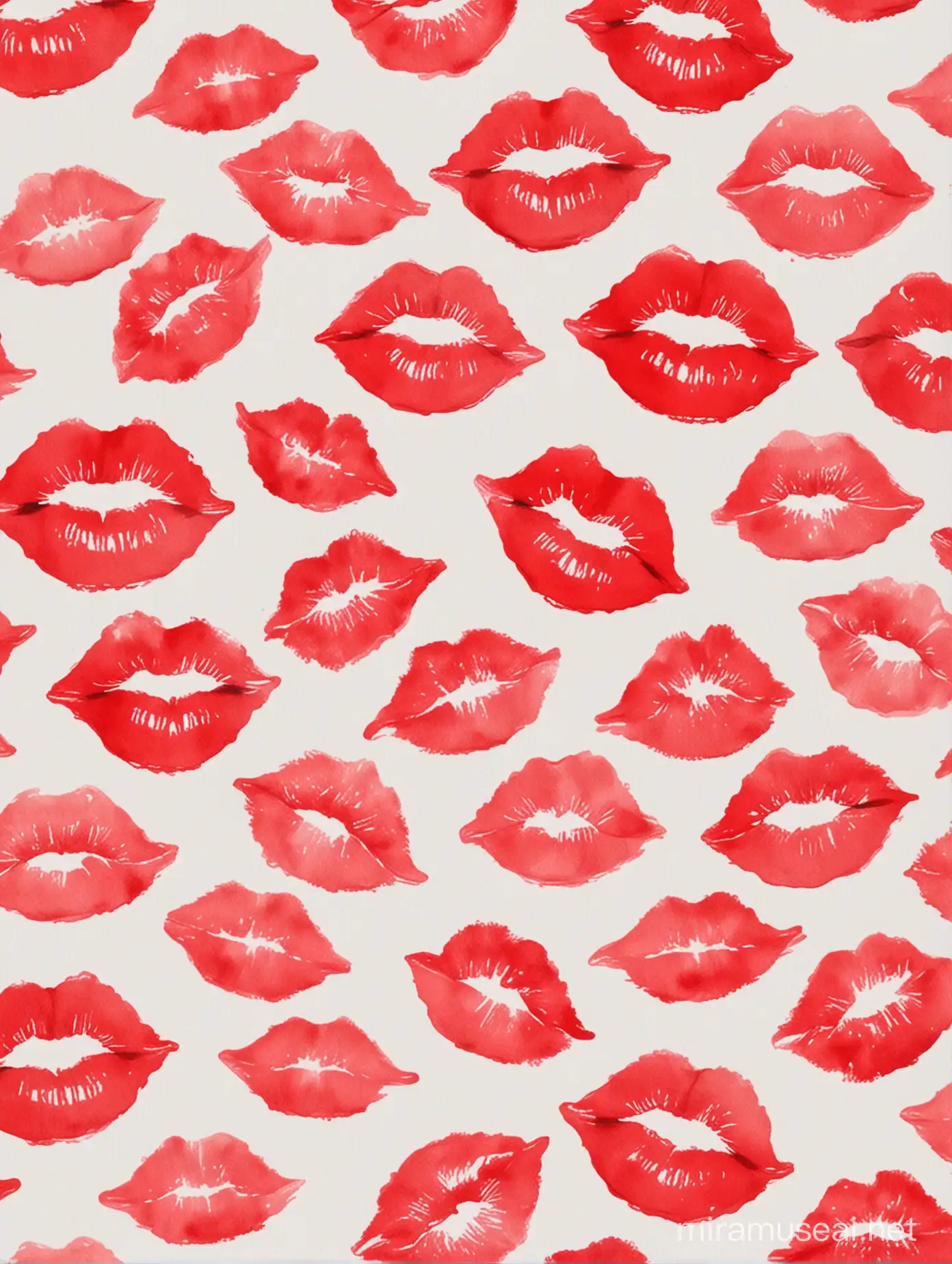 Romantic Watercolor Pattern of Small Red Lip Kisses