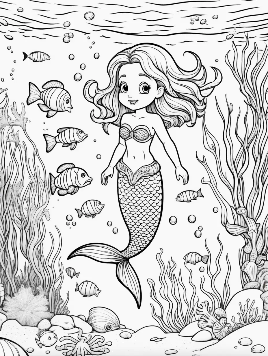 KIDS COLORING PAGE, CUTE CARTOON MERMAID swimming with barracuda, JELLYFISH, crabs, AND OTHER SEA CREATURES ALL AROUND, ROCKY BOTTON WITH SAND INTERMIXED, no shading, no color
