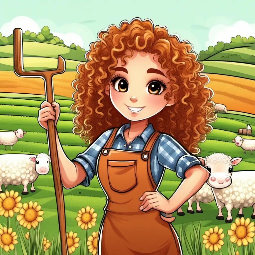 Adorable Cartoon of a CurlyHaired Farmers Girl