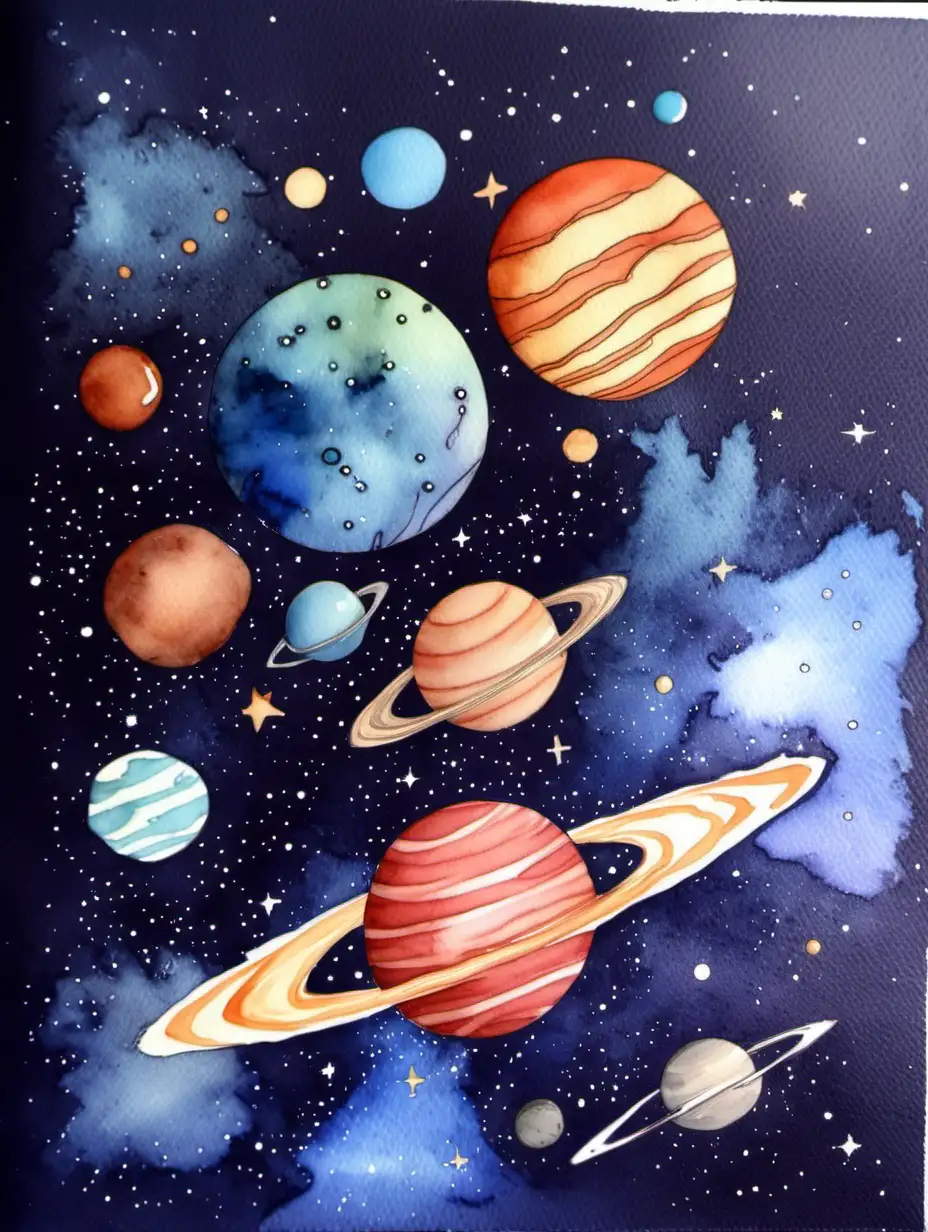 space, planets, watercolour
