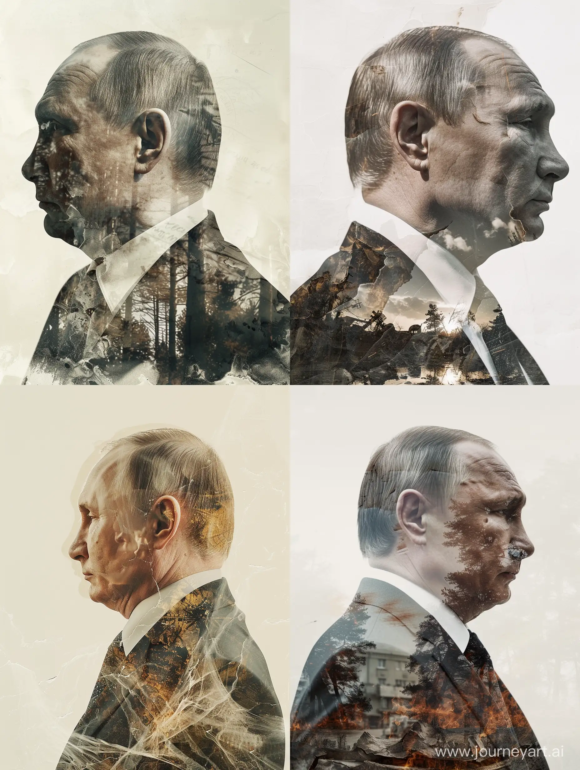 Vladimir Putin in double exposure of dystopian war world, sketching paper, in the style of mixed media installations, translucent layers, raw materialism, deconstructed tailoring, burned/charred, 