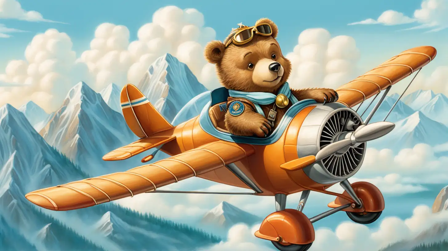 Zde je ilustrace pilota medvěda letícího s letadlem, který hravým a nápaditým způsobem zachycuje dobrodružného ducha raného letectví. na obrázku je vidět více hory a v oblacích je jen letadlo s medvídkem