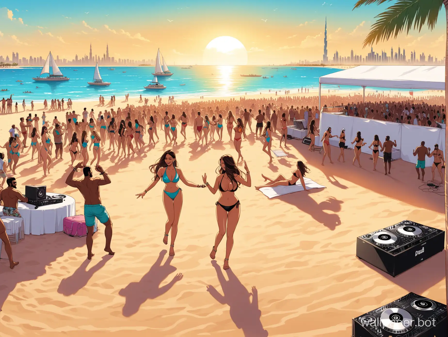 illustrated Dubai Beach Scene with a DJ on stage in background, with some people, relaxing on the beach and some people dancing all in sexy beachwear