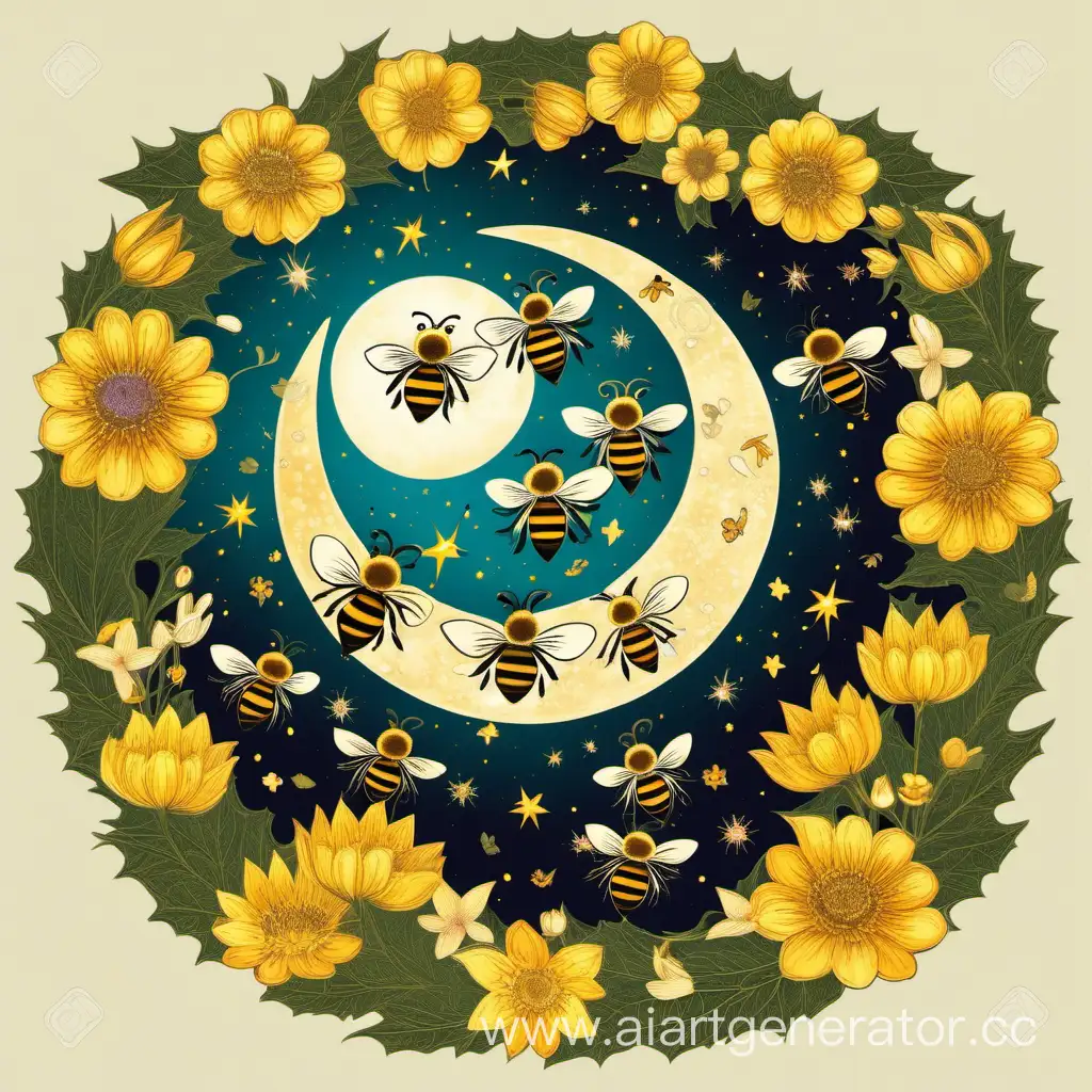 honey moon , A FEW BEES ARE CIRCLING NEAR THE MOON FLOWERS LEAVES WREATHS
