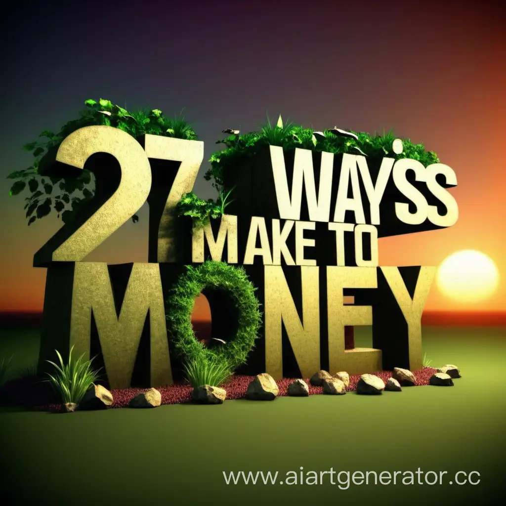 27-Ways-to-Make-Money-Vibrant-3D-Model-with-Nature-and-Sunset-Background