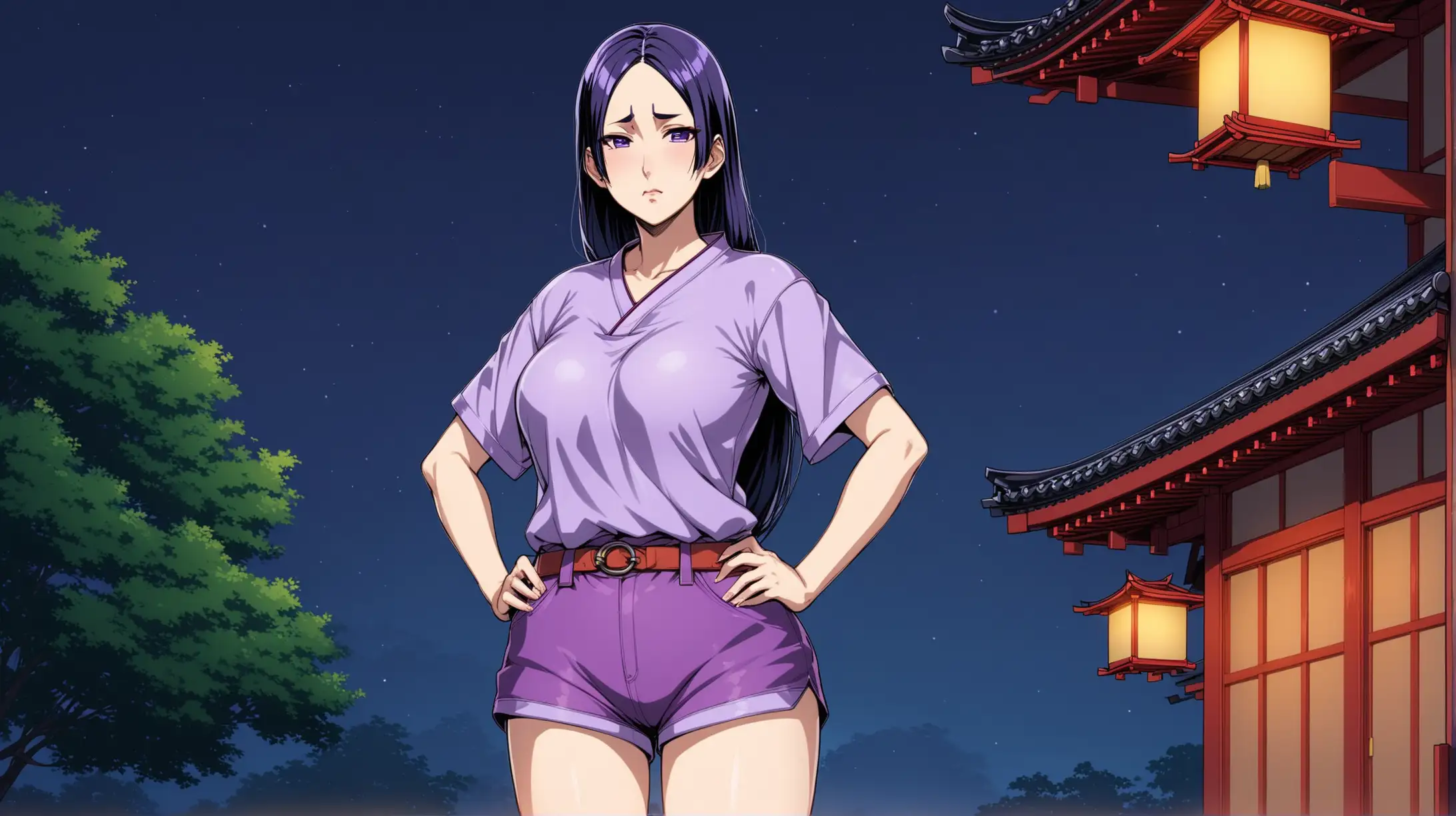 Draw the character Minamoto no Raikou, high quality, standing outside in the evening, with her hands on her hips, wearing shorts and a shirt, making a pouty face at the viewer