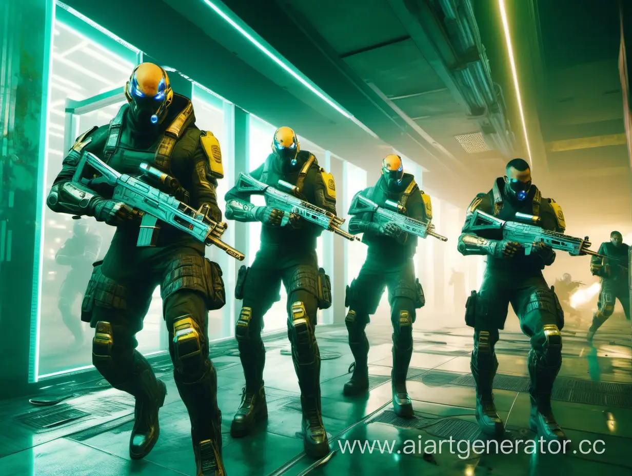 A squad of 5 cybernetic soldiers with rifles in their hands repel the attack in the corridor of a high-rise building, cyberpunk 2077, RTX, ultra-high resolution, 4k