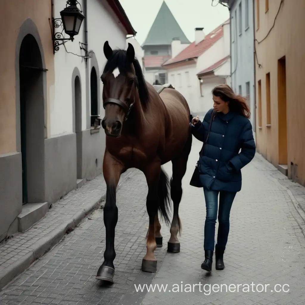 лошадь идет по дороге старого города. на тротуаре стоит мужчина с женщиной
