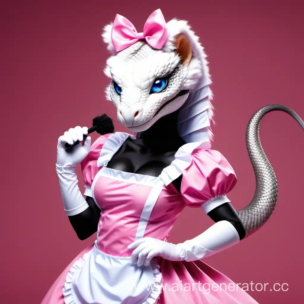 A furry royal cobra with blue eyes in a pink maid costume