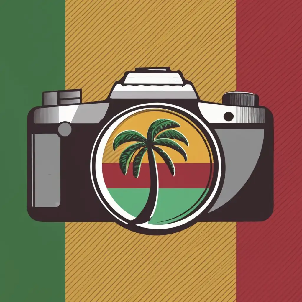 logo, Big Digital Camera, colours of the Grenadian flag, Palm Tree only on lens, transparent blank background, red and green camera body, to be used for photography website