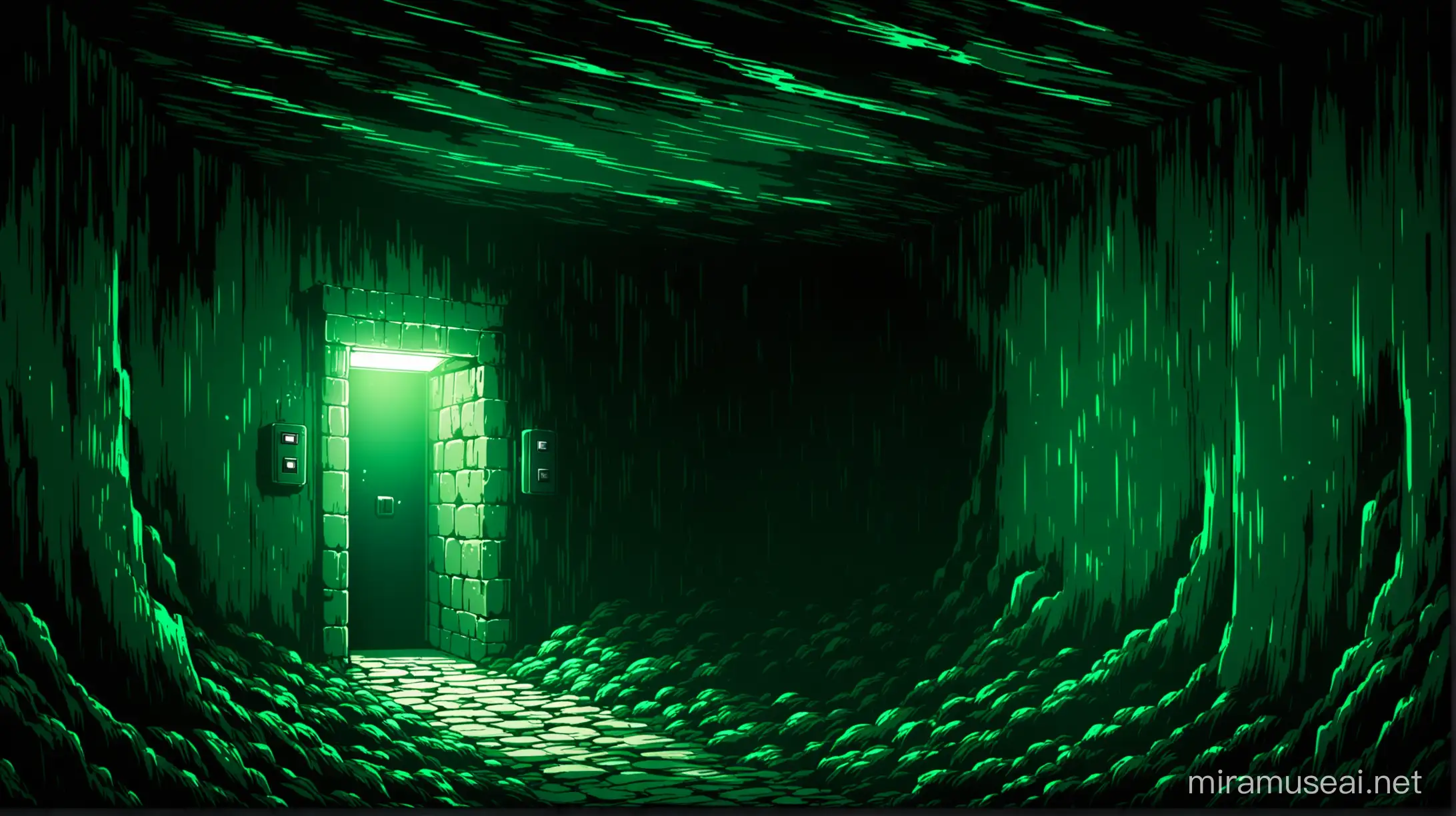 A dark, broad, underground secret room with dark green contrasts and vibe in anime style 