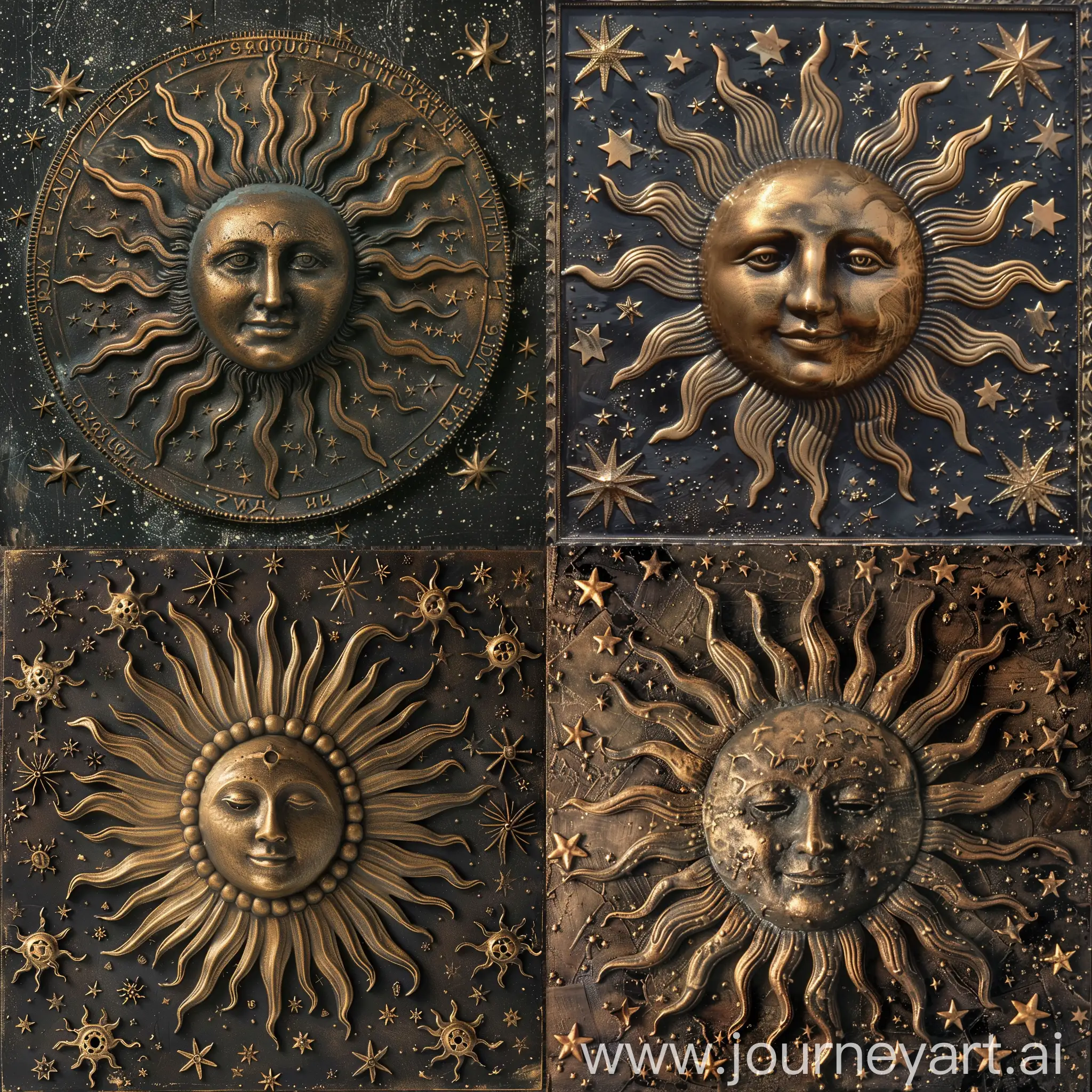 Декоративное бронзовое с лучами языческое солнце  в звездном космосе, профессиональное фото ,высокое качество, много мелких деталей