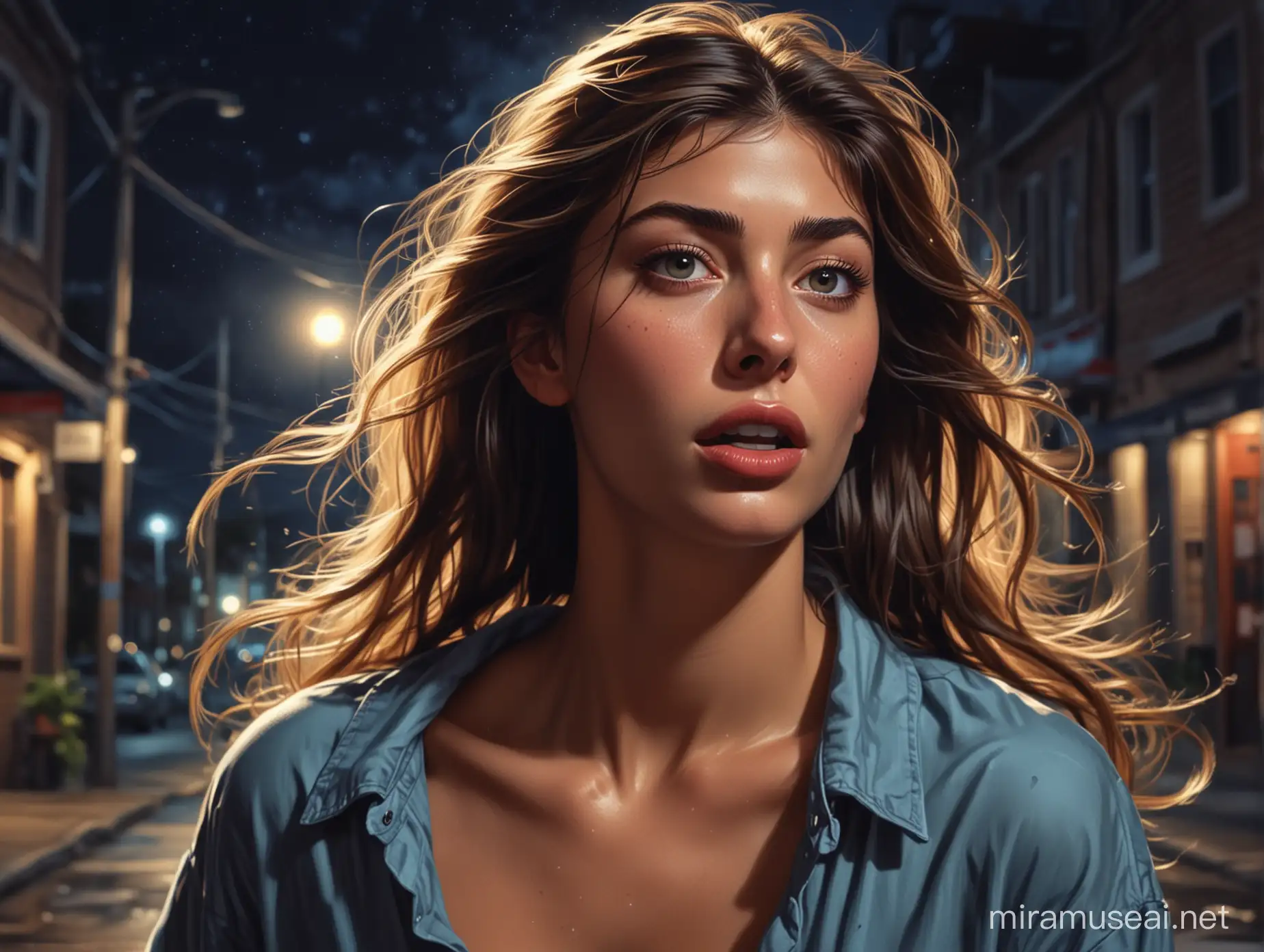 Marvel Comic Style Portrait Astonished Camila Morrone Running in a Small Town at Night