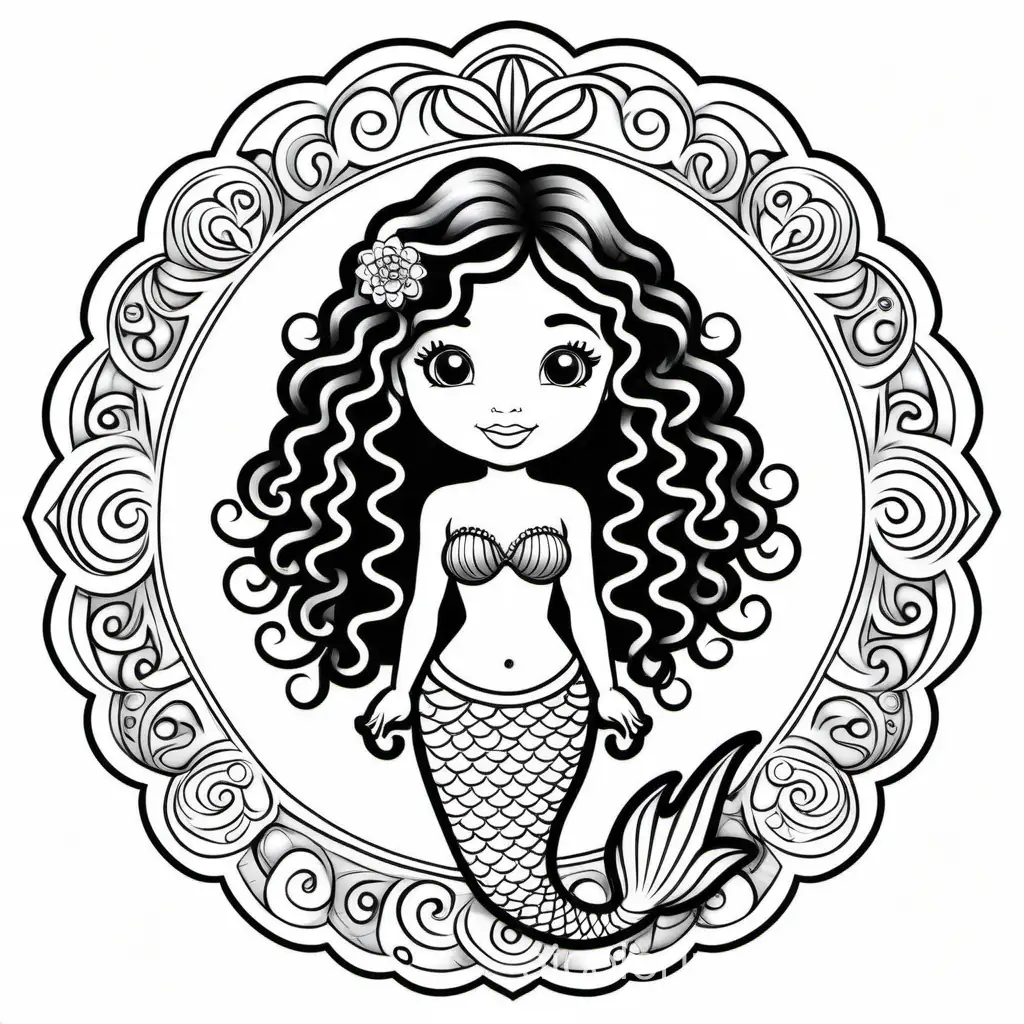 simple cute black mermaid with curly hair and mandala designs, Coloring Page, black and white, line art, white background, Simplicity, Ample White Space. The background of the coloring page is plain white to make it easy for young children to color within the lines. The outlines of all the subjects are easy to distinguish, making it simple for kids to color without too much difficulty