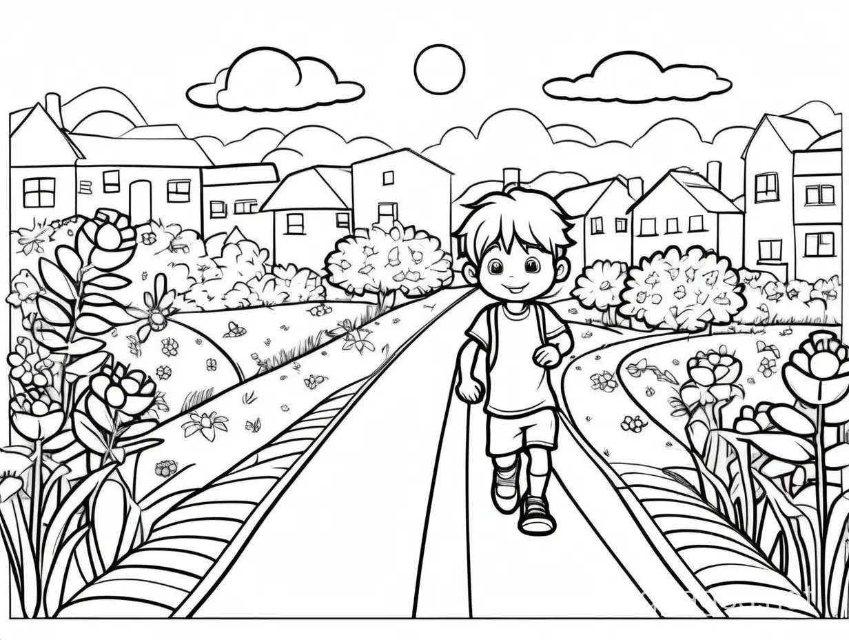 summer activity with cute boy in the road some floral and summer design coloring page, Coloring Page, black and white, line art, white background, Simplicity, Ample White Space. The background of the coloring page is plain white to make it easy for young children to color within the lines. The outlines of all the subjects are easy to distinguish, making it simple for kids to color without too much difficulty