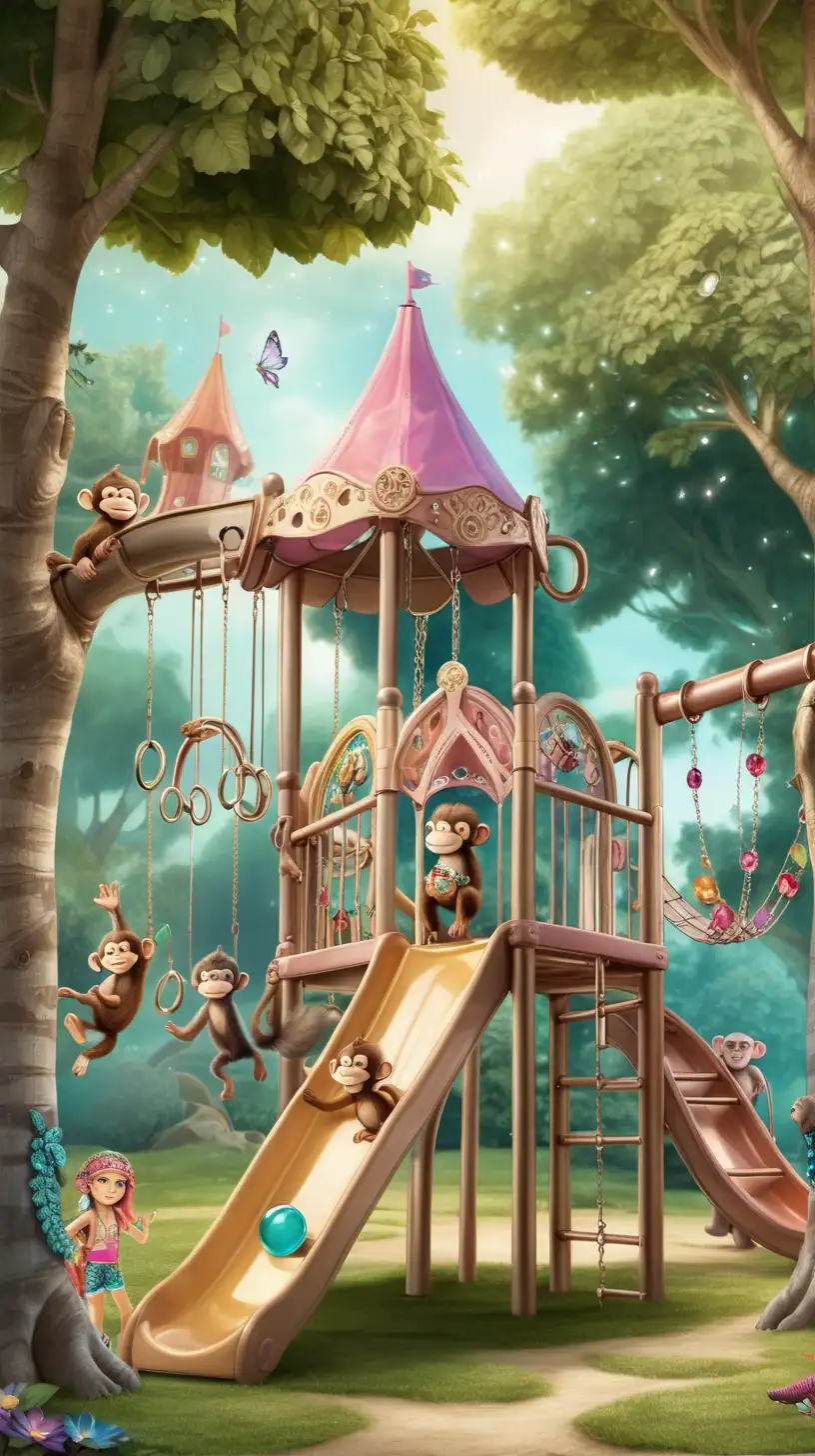 shade from trees, bohemian, playground in the forest, jewels in the clouds, fairies, slides, monkey bars, bohemian fairy,