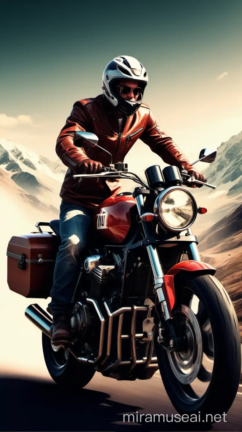 I want to design a cover photo for YouTube Instagram Cinematic poster illustration of a gorgeous man riding a big sports touring style motorcycle with "mertssunar" written on the front. Long roads, endless roads, sports touring motorcycle and tracer 9 GT series engine. Mertssunar is written on the chest of the man riding the motorcycle in the form of a round logo. The typography is bold and vintage-inspired, evoking a sense of nostalgia and adventure. The overall atmosphere is rustic and inviting; Perfect for an evening spent motorcycling outdoors., product, illustration, poster, cinematic, typography, fashion, graffiti, 3d render, portrait photography