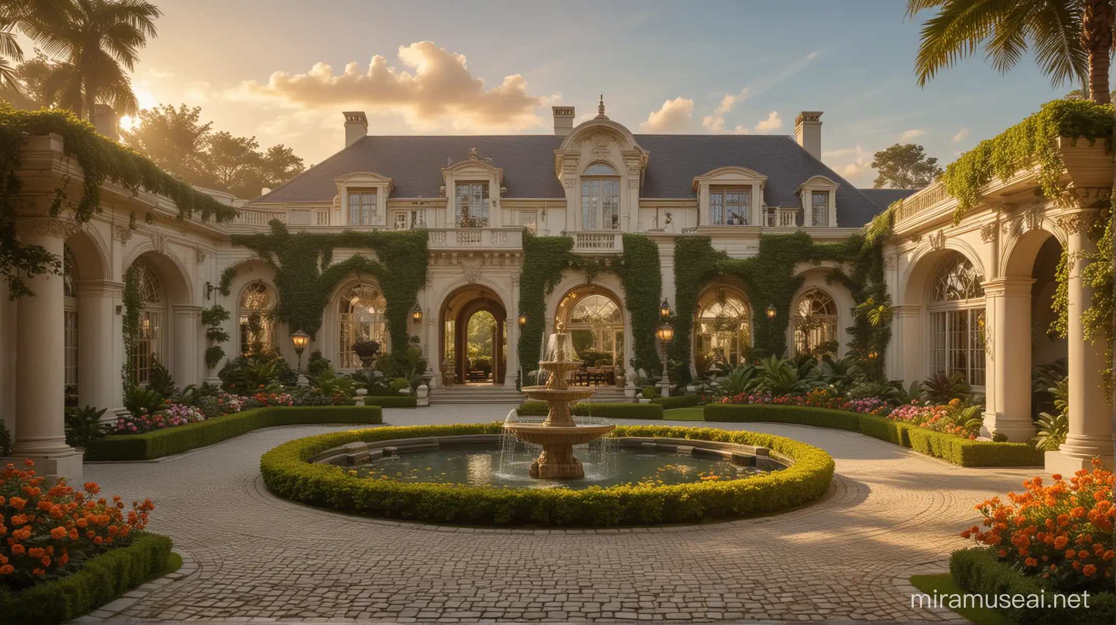 A lavish scene depicting prosperity and luxury. The setting is an opulent mansion with grand architecture, surrounded by lush gardens. In the foreground, there's a luxurious sports car parked on a cobblestone driveway. The mansion is adorned with golden accents and large windows, reflecting the setting sun. Expensive outdoor furniture and a fountain add to the sense of extravagance. The garden is meticulously landscaped, with exotic flowers and perfectly trimmed hedges, symbolizing wealth and opulence.